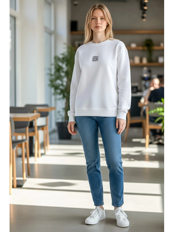 Sheenza Kadın Beyaz Bisiklet Yaka Sweatshirt