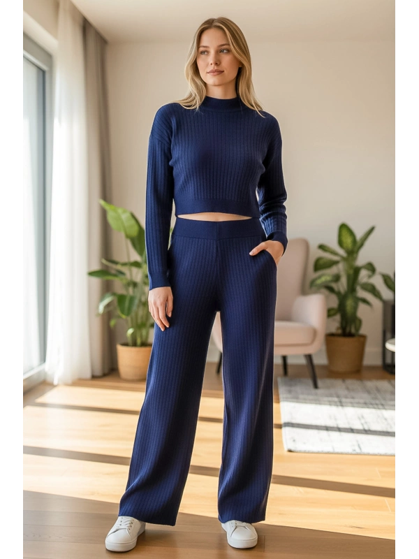 Fitilli Triko Crop & Bol Paça Pantolon Takımı