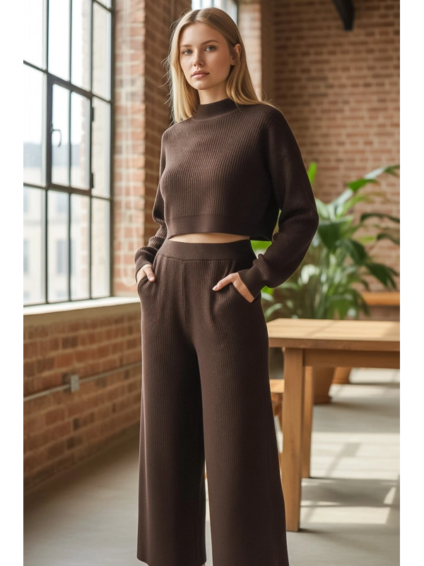 Fitilli Triko Crop & Bol Paça Pantolon Takımı