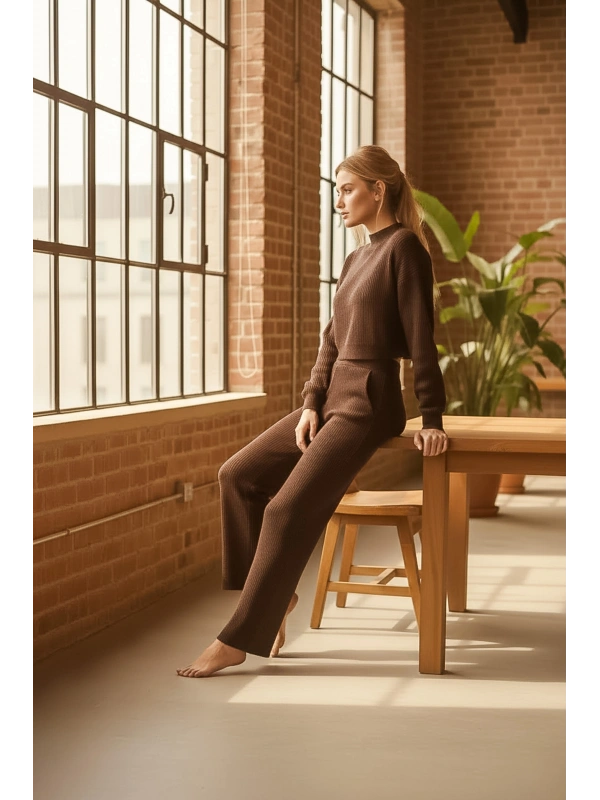 Fitilli Triko Crop & Bol Paça Pantolon Takımı