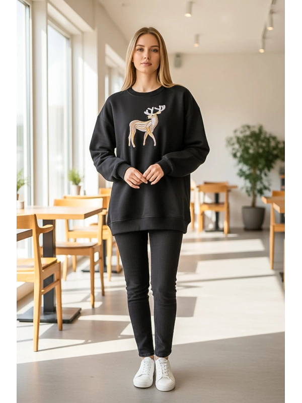 Sheenza Kadın Siyah Geyik İşlemeli Sweatshirt