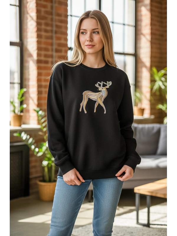 Sheenza Kadın Siyah Geyik İşlemeli Sweatshirt