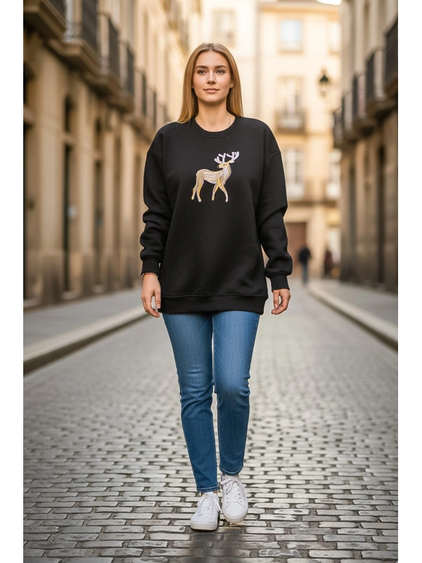 Sheenza Kadın Siyah Geyik İşlemeli Sweatshirt
