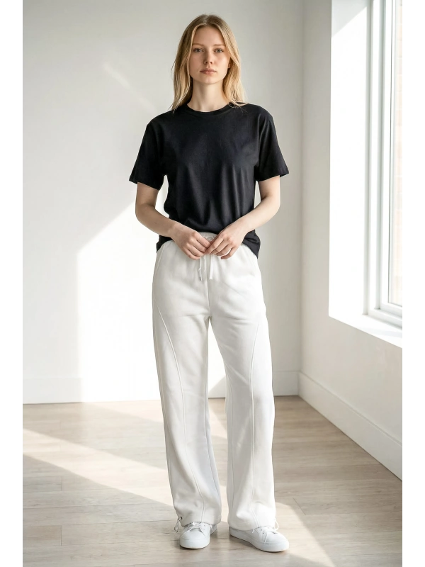 Sheenza Kadın Beyaz Bol Paça Yüksek Bel Cepli Bağcıklı Eşofman Altı