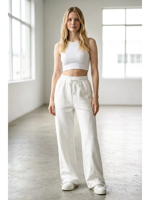 Sheenza Kadın Beyaz Bol Paça Yüksek Bel Cepli Bağcıklı Eşofman Altı