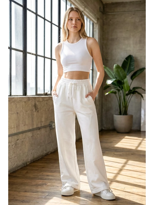 Sheenza Kadın Beyaz Bol Paça Yüksek Bel Cepli Bağcıklı Eşofman Altı