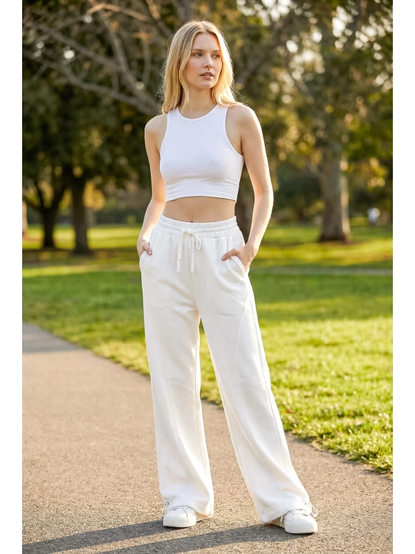 Sheenza Kadın Beyaz Bol Paça Yüksek Bel Cepli Bağcıklı Eşofman Altı