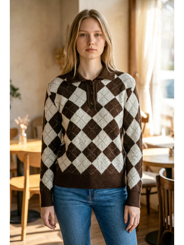 Sheenza Baklava Desenli Triko Kazak & Atkı Seti