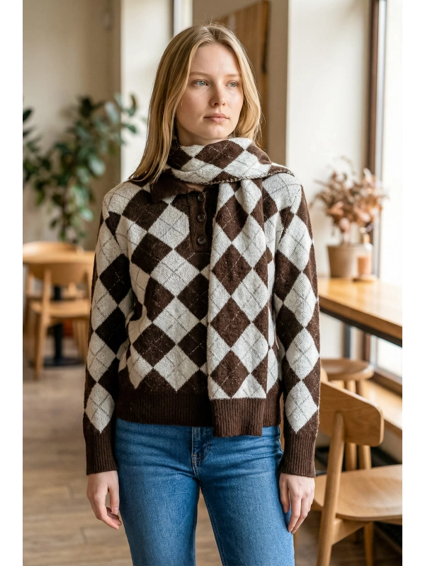 Sheenza Baklava Desenli Triko Kazak & Atkı Seti