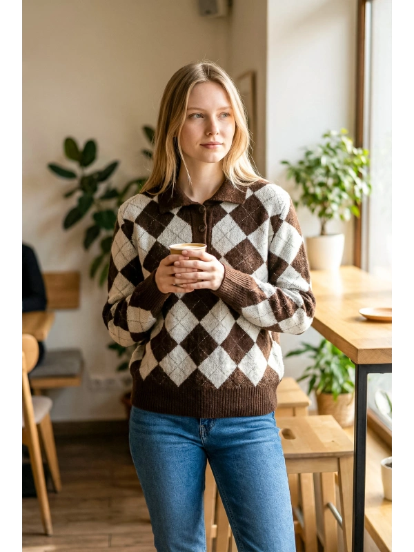 Sheenza Baklava Desenli Triko Kazak & Atkı Seti