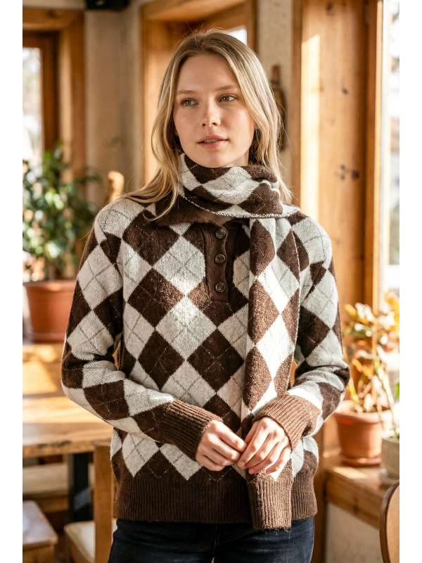 Sheenza Baklava Desenli Triko Kazak & Atkı Seti