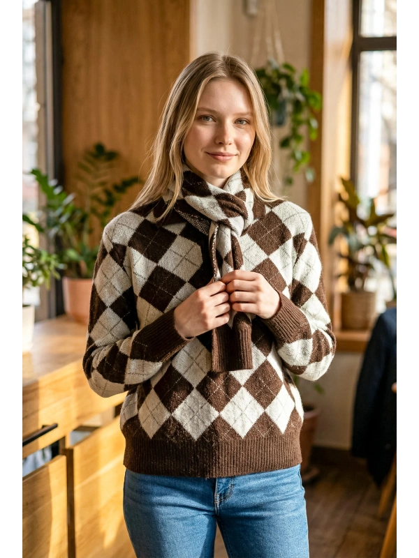 Sheenza Baklava Desenli Triko Kazak & Atkı Seti