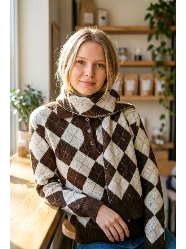 Sheenza Baklava Desenli Triko Kazak & Atkı Seti