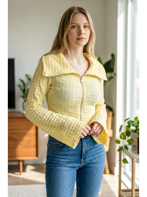 Kadın Waffle Dokulu Fermuarlı Kısa Ceket