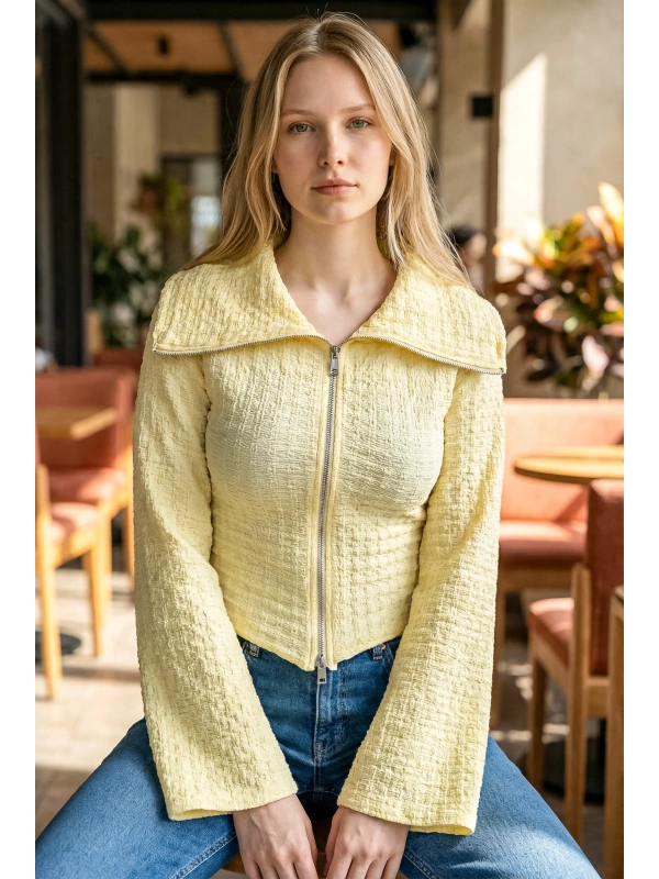 Kadın Waffle Dokulu Fermuarlı Kısa Ceket