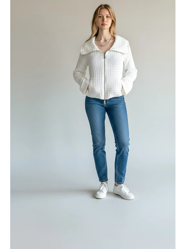 Kadın Waffle Dokulu Fermuarlı Kısa Ceket