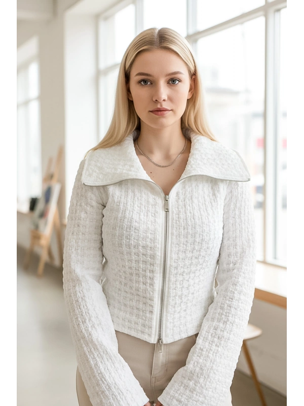 Kadın Waffle Dokulu Fermuarlı Kısa Ceket