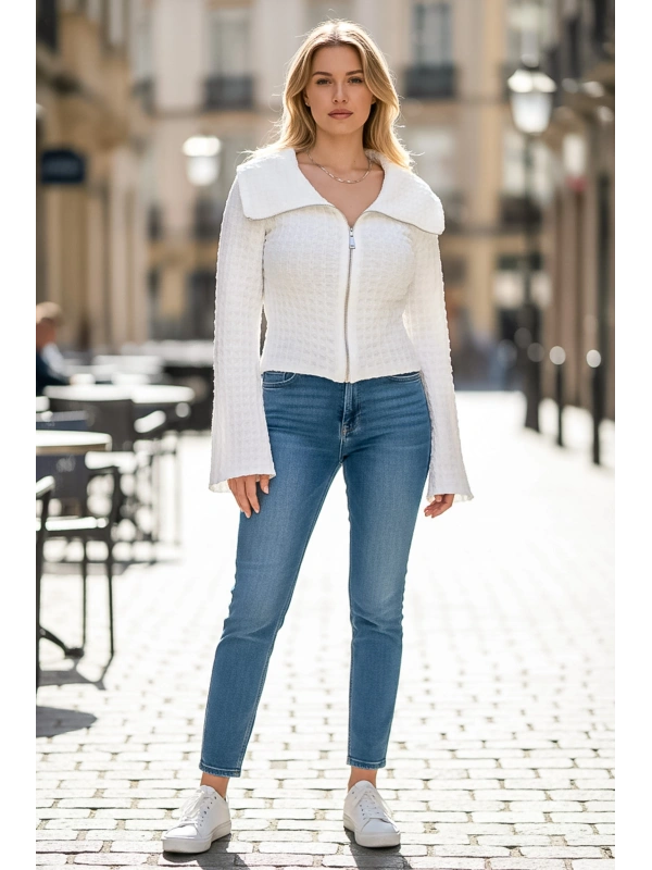 Kadın Waffle Dokulu Fermuarlı Kısa Ceket
