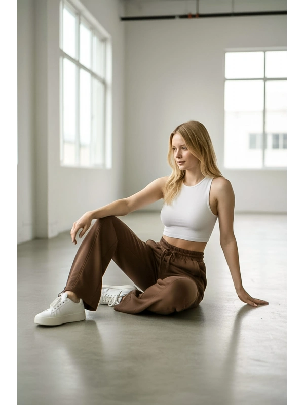 Sheenza Kadın Kahverengi Relax Fit Eşofman Altı – Geniş Paça