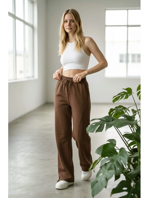 Sheenza Kadın Kahverengi Relax Fit Eşofman Altı – Geniş Paça
