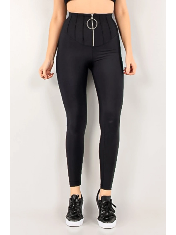 Siyah Önü Çimalı Fermuarlı Çelik Tayt Pantolon