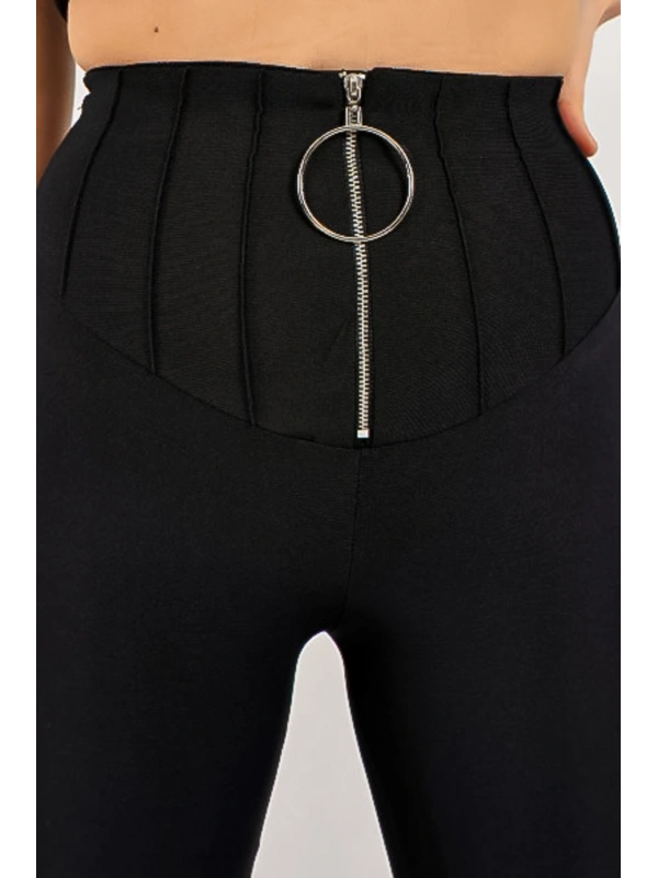 Siyah Önü Çimalı Fermuarlı Çelik Tayt Pantolon