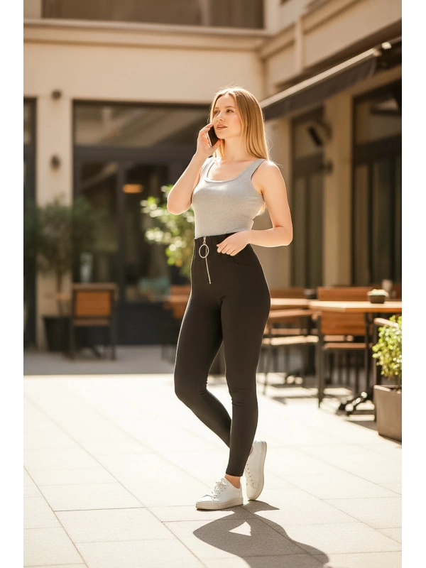 Siyah Önü Çimalı Fermuarlı Çelik Tayt Pantolon