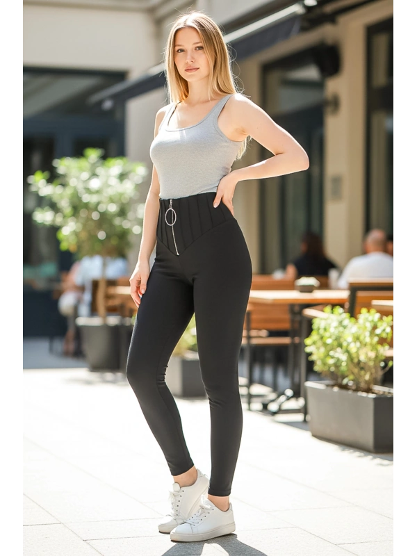 Siyah Önü Çimalı Fermuarlı Çelik Tayt Pantolon