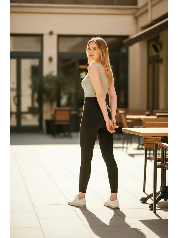 Siyah Önü Çimalı Fermuarlı Çelik Tayt Pantolon