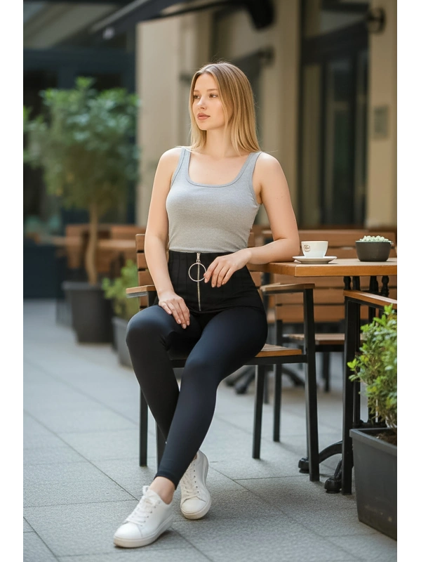 Siyah Önü Çimalı Fermuarlı Çelik Tayt Pantolon