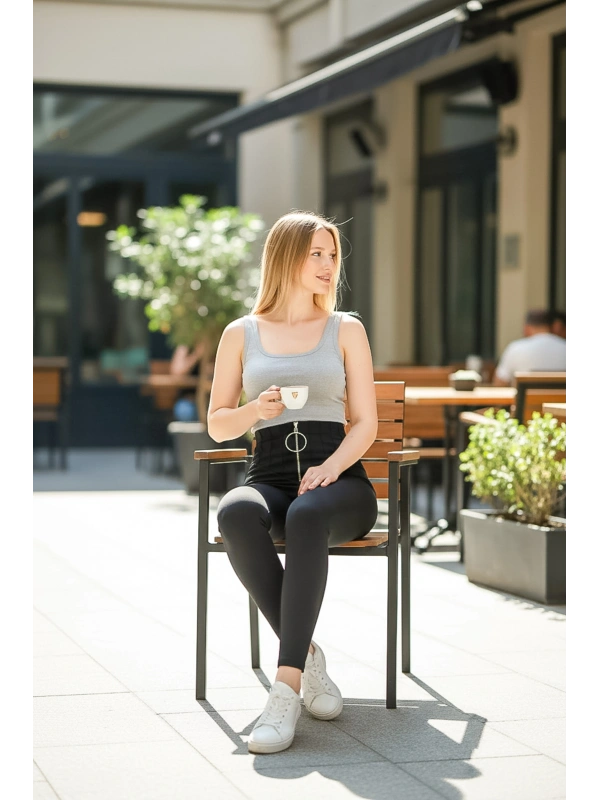 Siyah Önü Çimalı Fermuarlı Çelik Tayt Pantolon