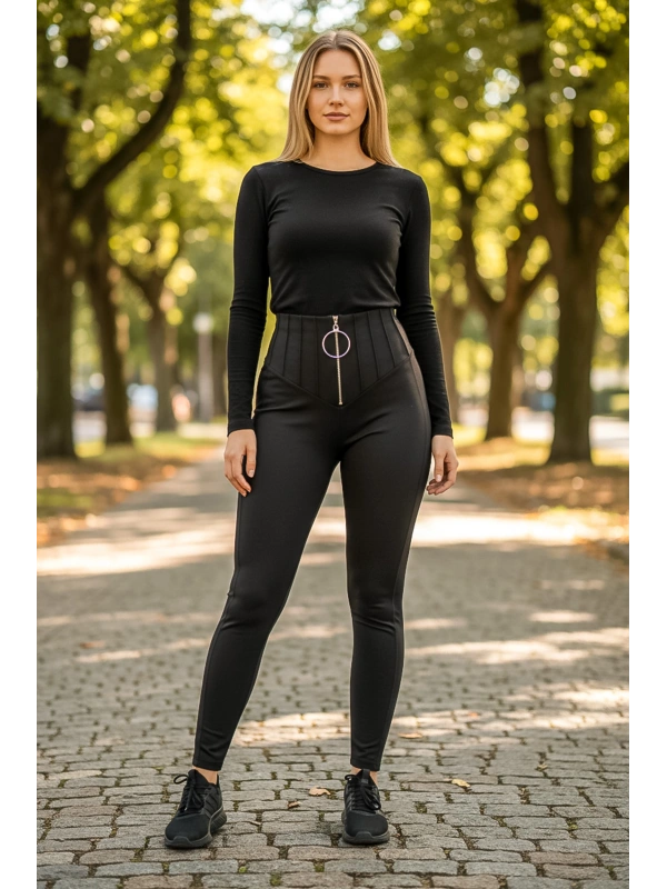 Siyah Önü Çimalı Fermuarlı Çelik Tayt Pantolon