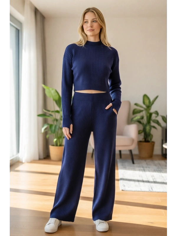 Fitilli Triko Crop & Bol Paça Pantolon Takımı