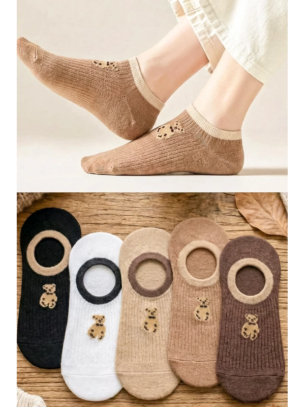 5 Çift Teddy Desenli Görünmez Kadın Çorap | Konforlu