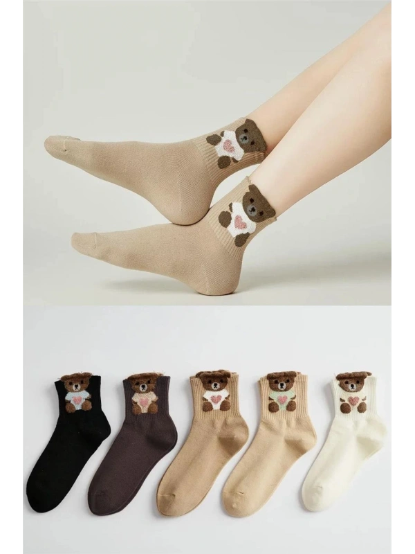 5 Çift Teddy Ayıcık Desenli Kadın Çorap
