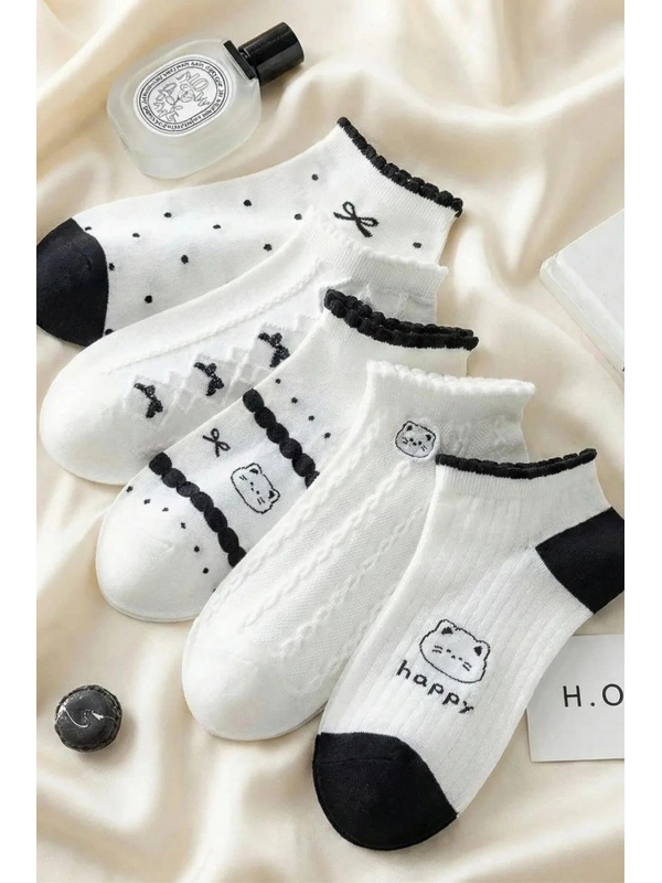 5 Çift Beyaz Happy Desenli Kısa Çorap