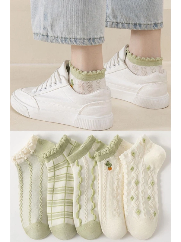 5 Çift Kabartmalı Yeşil Kadın Çorap