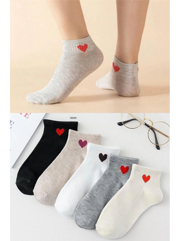5 Çift Kadın Kalp Desenli Kısa Çorap