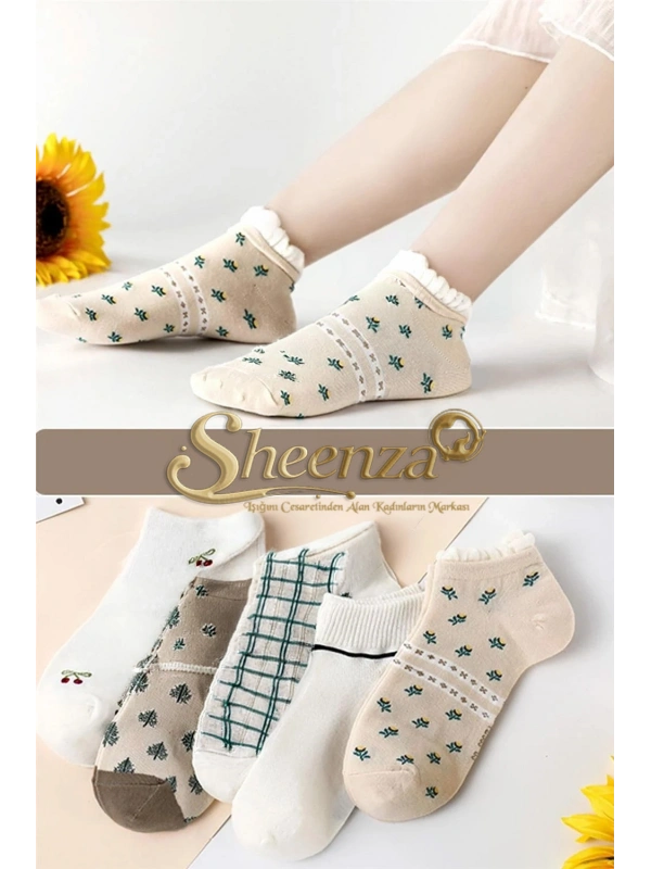 5 Çift Kiraz Çiçek Desenli Kadın Çorap