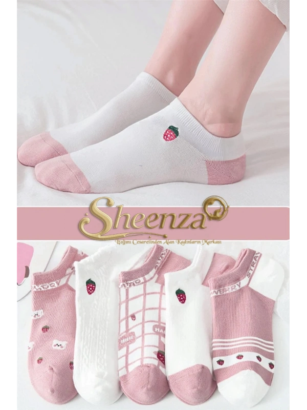 5 Çift Pembe Çilek Desenli Kısa Çorap