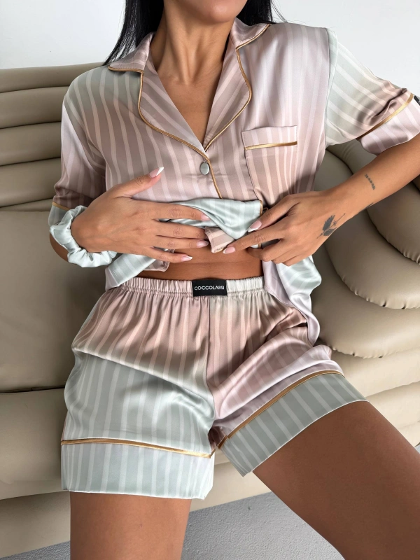 Sheenza Saten Çizgili Kısa Kollu Şortlu Pijama Takımı – Çok Renkli