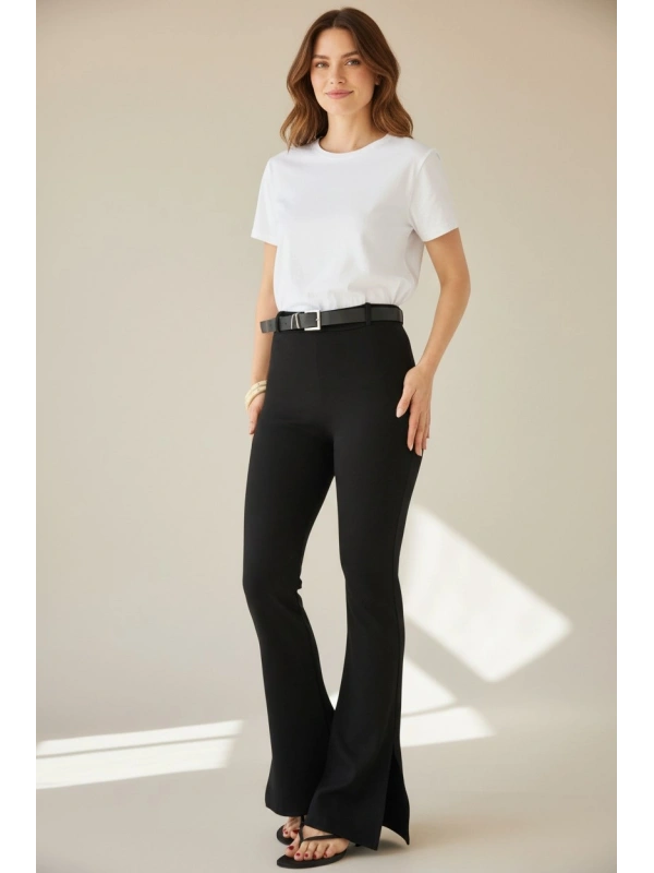 Yüksek Bel İspanyol Paça Siyah Örme Pantolon (Yırtmaç Detaylı)