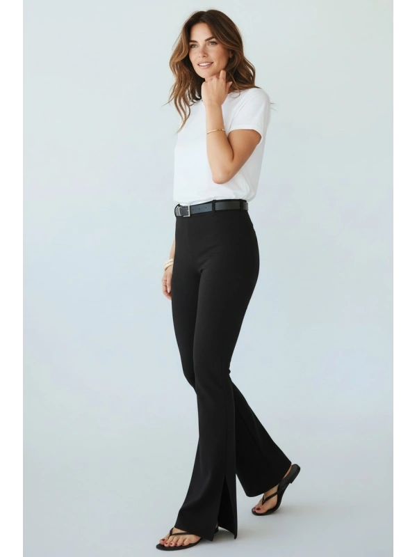 Yüksek Bel İspanyol Paça Siyah Örme Pantolon (Yırtmaç Detaylı)