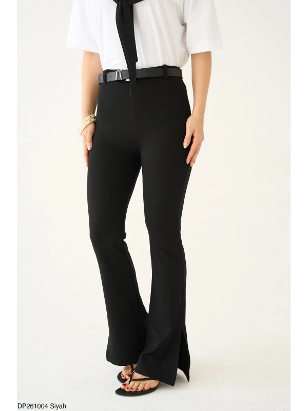 Yüksek Bel İspanyol Paça Siyah Örme Pantolon (Yırtmaç Detaylı)