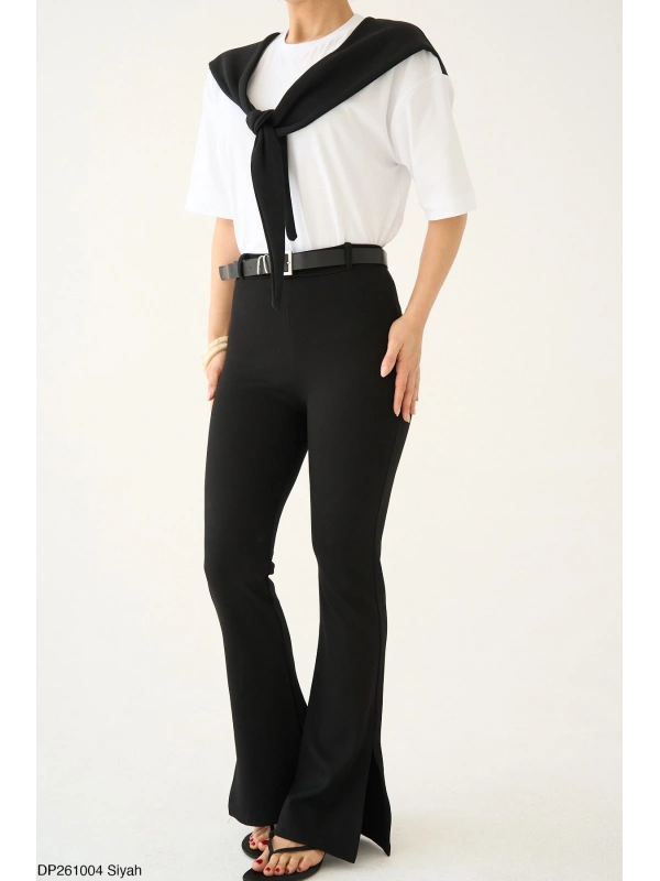 Yüksek Bel İspanyol Paça Siyah Örme Pantolon (Yırtmaç Detaylı)