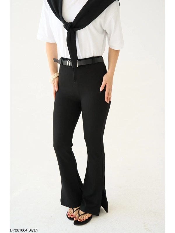 Yüksek Bel İspanyol Paça Siyah Örme Pantolon (Yırtmaç Detaylı)