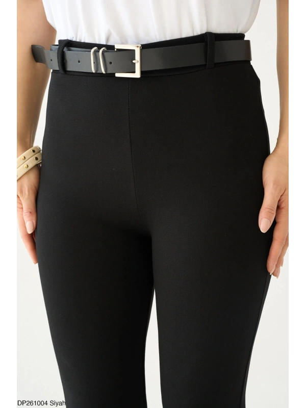 Yüksek Bel İspanyol Paça Siyah Örme Pantolon (Yırtmaç Detaylı)