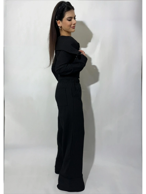 Fermuarlı Crop Triko & Bol Paça Pantolon Seti – Siyah