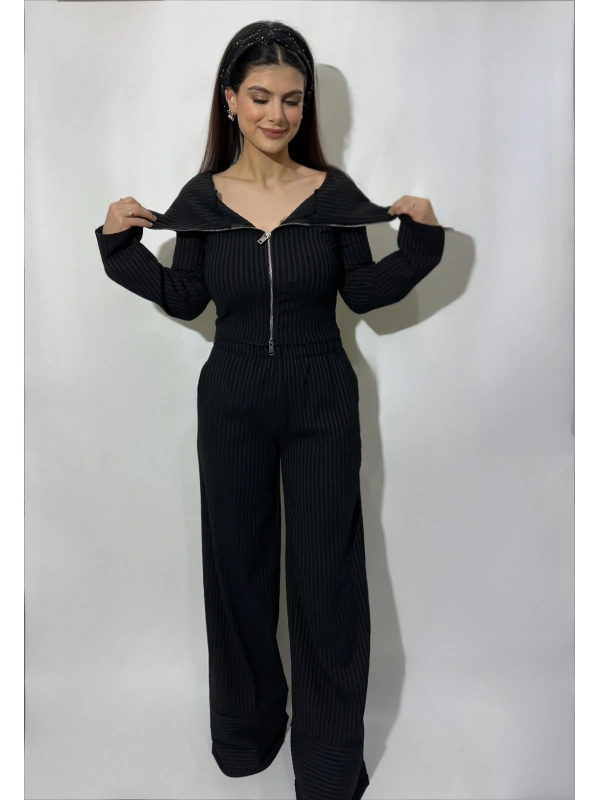 Fermuarlı Crop Triko & Bol Paça Pantolon Seti – Siyah