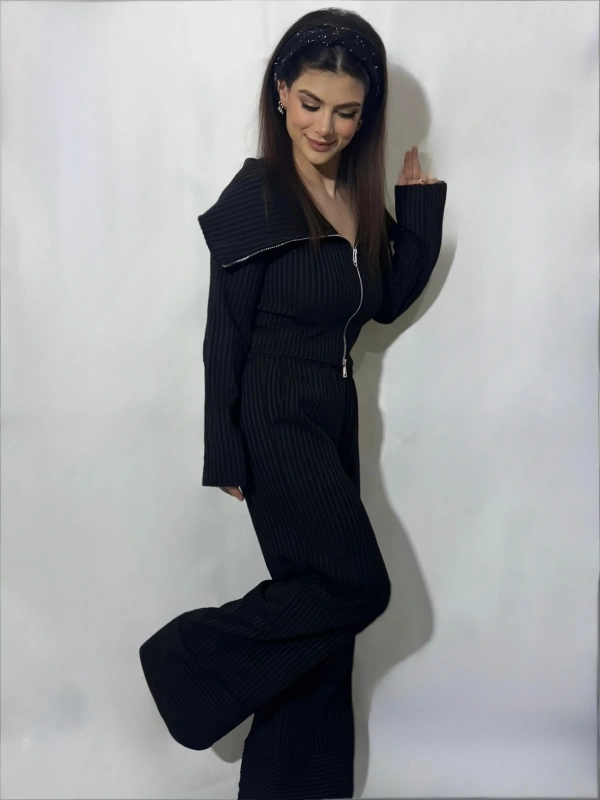 Fermuarlı Crop Triko & Bol Paça Pantolon Seti – Siyah